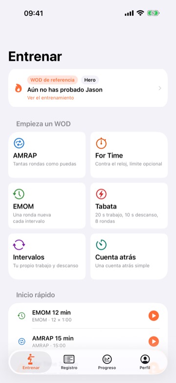 WOD Tracker's Train screen in Spanish, checked