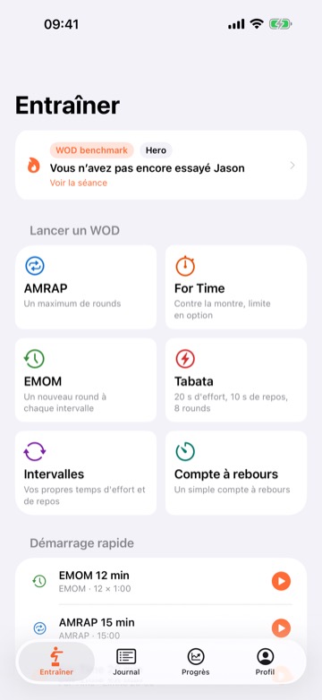 WOD Tracker's Train screen in French, checked